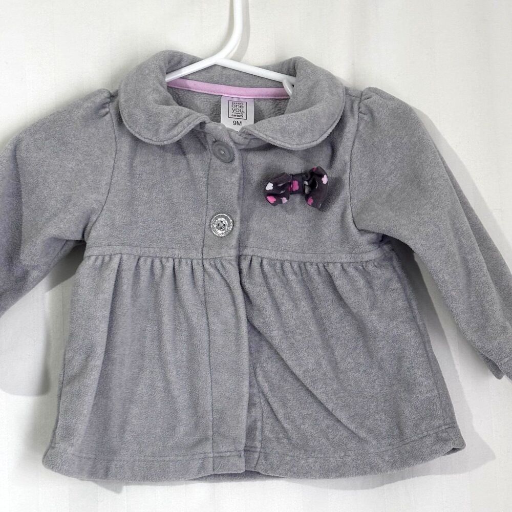 Just One You Carter's Baby Girls Gray Fleece Peacoat Dress Coat Bow Buttons 9M